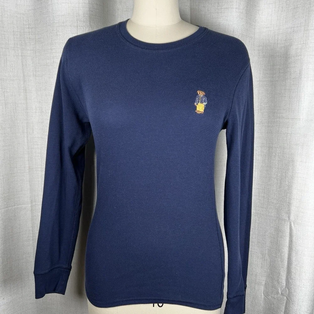 Polo Ralph Lauren Shirt Mens Small‎ Navy Blue Polo Bear Thermal Sleepwear Waffle